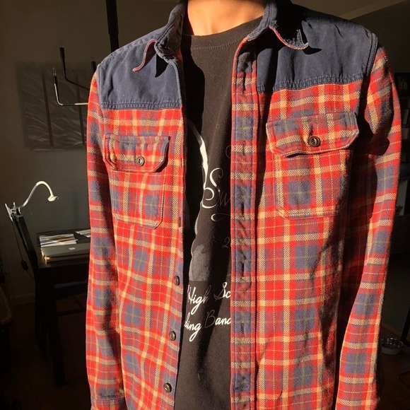 Mens American Eagle Flannel Shirt Medium Red Plaid Barn Thick Warm, Size L - Picture 1 of 10